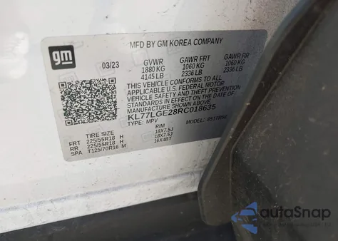 2024 Chevrolet Trax Fwd 1Rs из США, поврежденный, VIN KL77LGE28RC018635